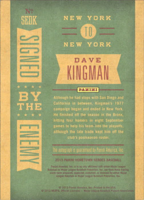 2013 Hometown Heroes Signed by the Enemy #4 Dave Kingman back image