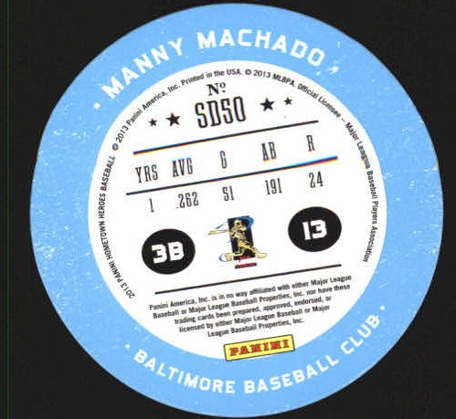 2013 Hometown Heroes Sport Discs #50 Manny Machado back image