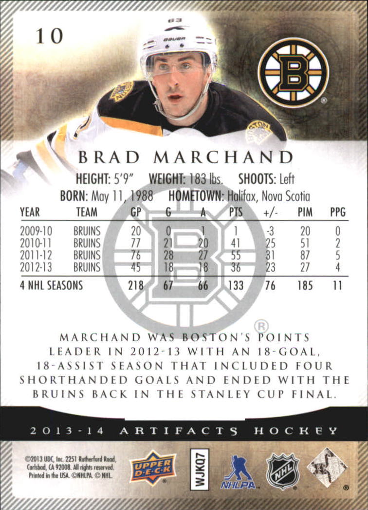 2013-14 Artifacts Emerald #10 Brad Marchand back image