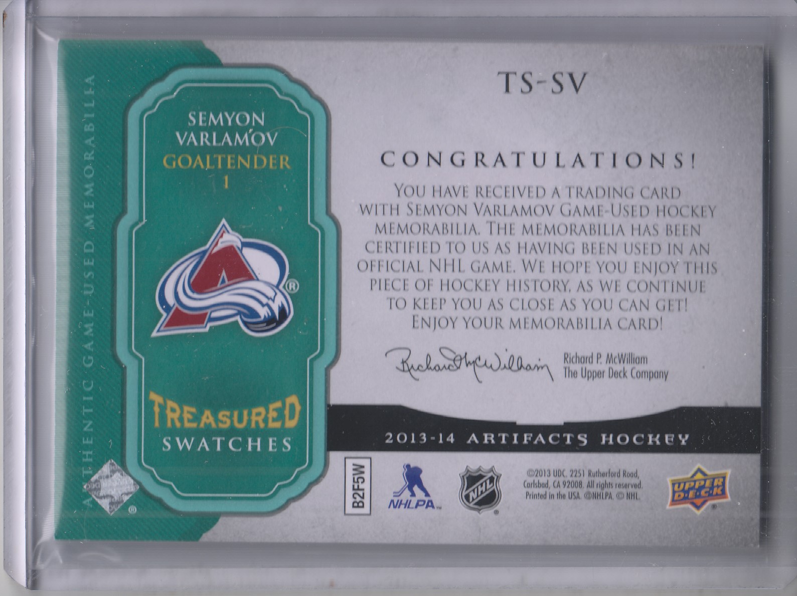 2013-14 Artifacts Treasured Swatches Jerseys Patches Emerald #TSSV Semyon Varlamov back image