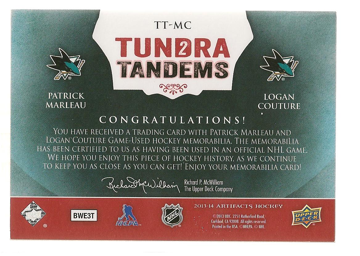 2013-14 Artifacts Tundra Tandems Fight Straps Red #TTMC Patrick Marleau/Logan Couture back image