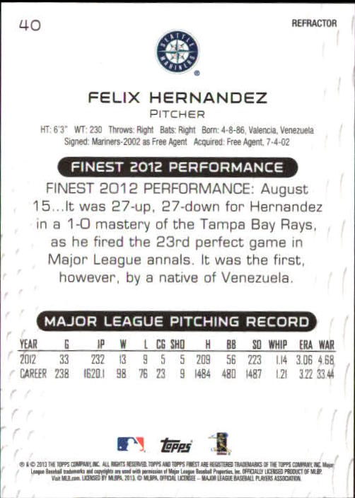 2013 Finest Green Refractors #40 Felix Hernandez back image