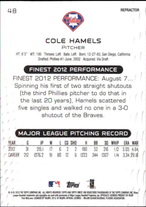2013 Finest Orange Refractors #48 Cole Hamels back image
