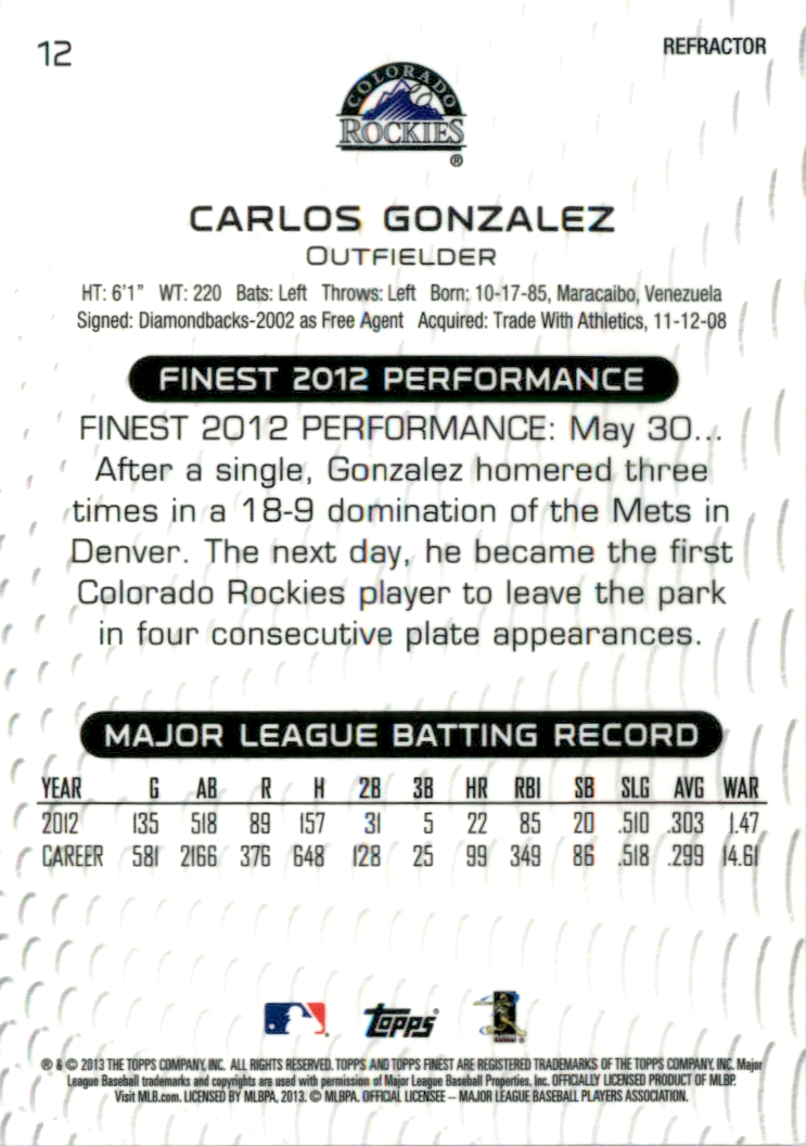 2013 Finest Red Refractors #12 Carlos Gonzalez back image