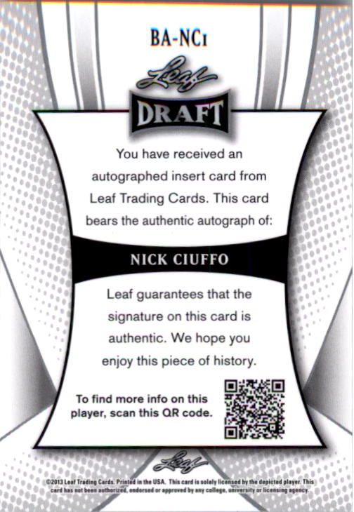 2013 Leaf Metal Draft #NC1 Nick Ciuffo back image