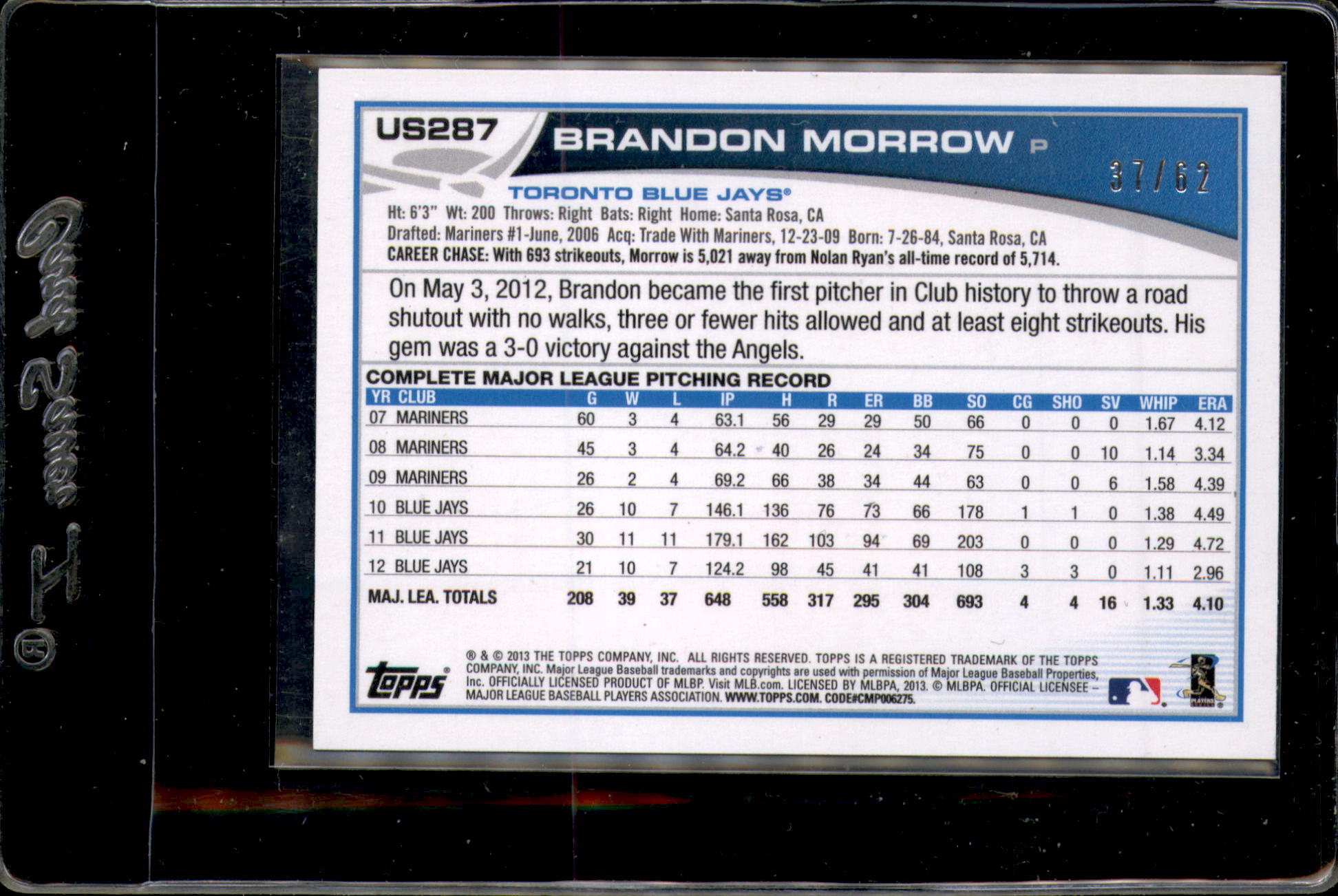 2013 Topps Update Black #US287 Brandon Morrow back image