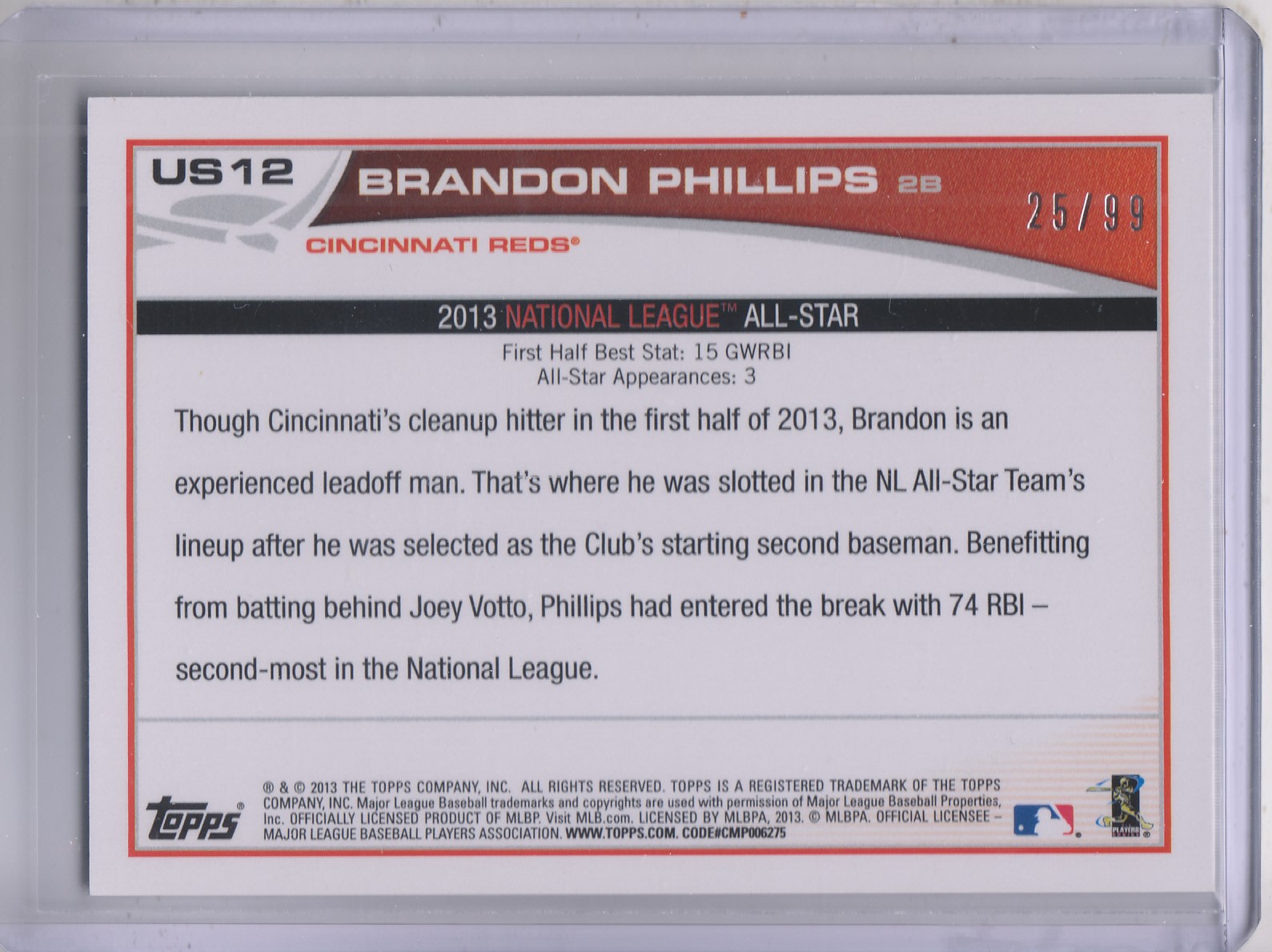 2013 Topps Update Camo #US12 Brandon Phillips back image