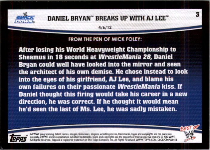2013 Topps Best of WWE Silver #3 Daniel Bryan Breaks up with AJ Lee back image