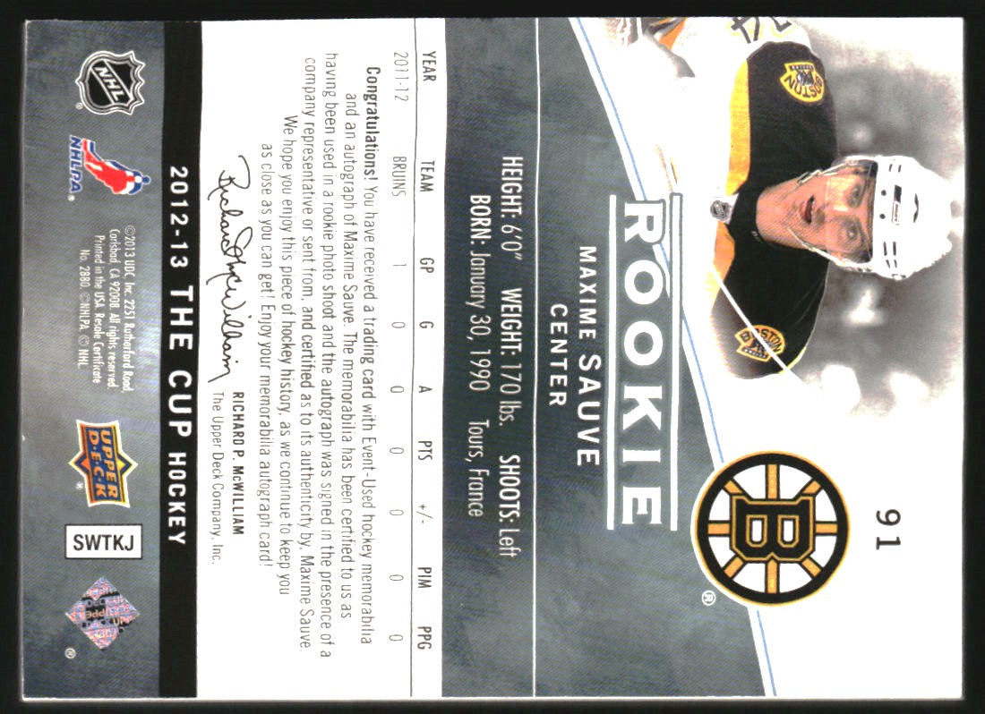 2012-13 The Cup #91 Maxime Sauve JSY AU/249 RC