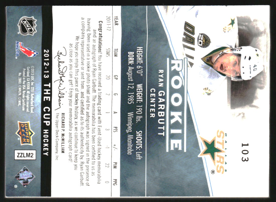 2012-13 The Cup #103 Ryan Garbutt JSY AU/249 RC