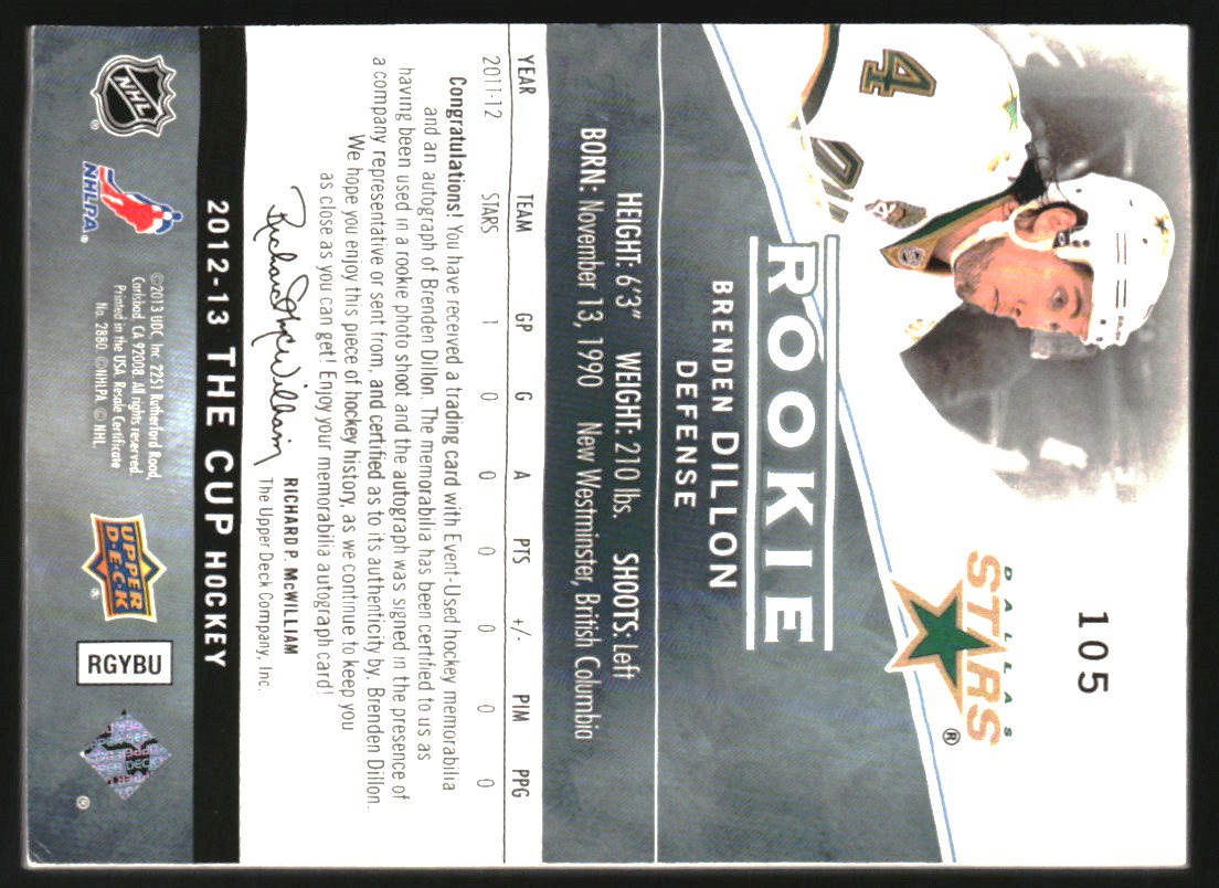 2012-13 The Cup #105 Brenden Dillon JSY AU/249 RC