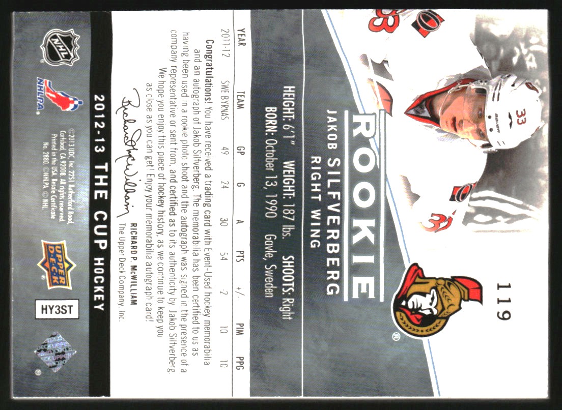 2012-13 The Cup #119 Jakob Silfverberg JSY AU/249 RC