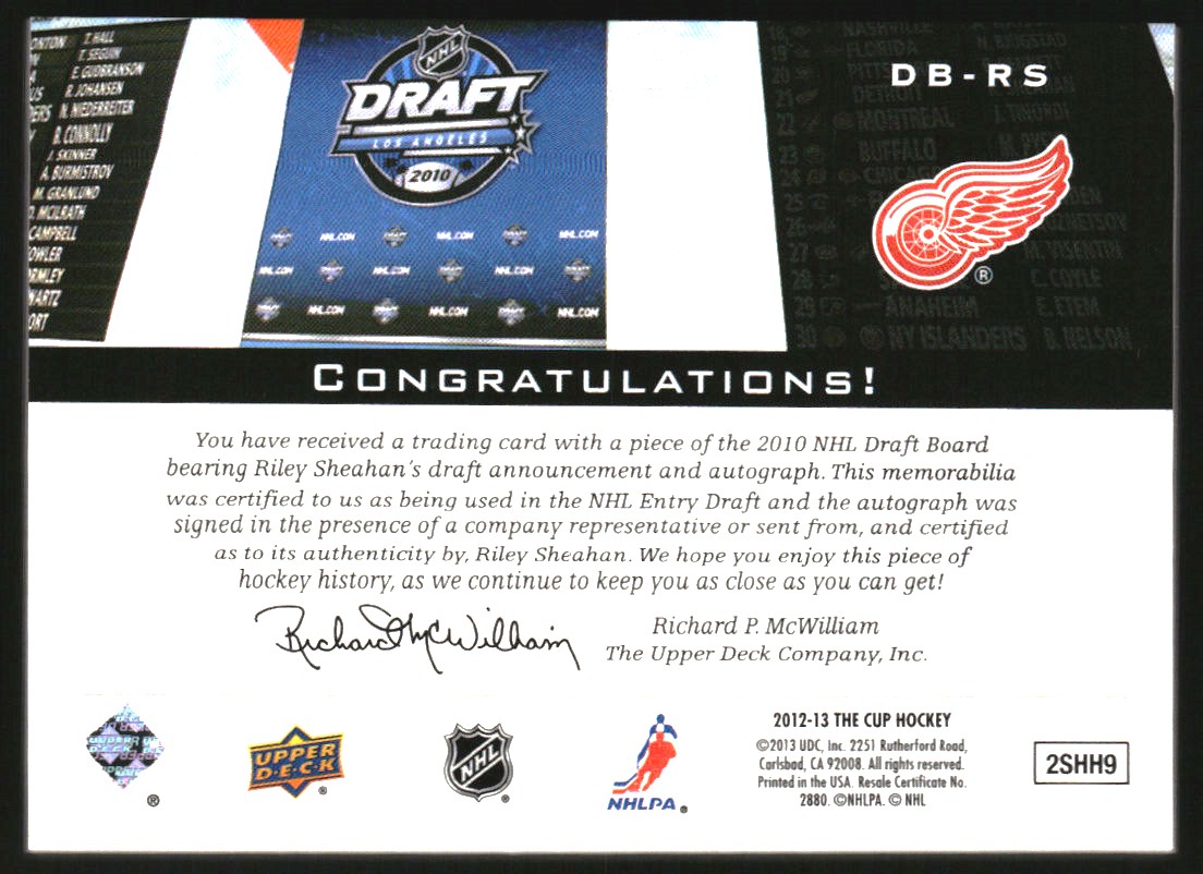 2012-13 The Cup Auto Draft Boards #DBRS Riley Sheahan back image