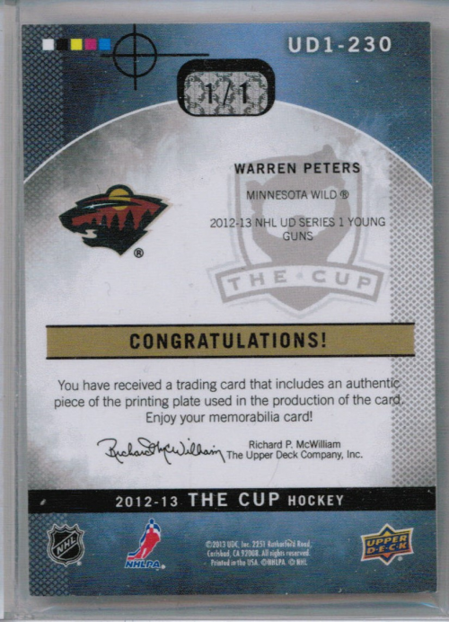 2012-13 The Cup Printing Plates Upper Deck Black #UD230 Warren Peters back image