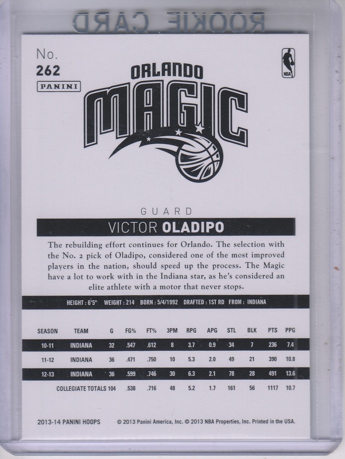 2013-14 Hoops #262 Victor Oladipo RC back image