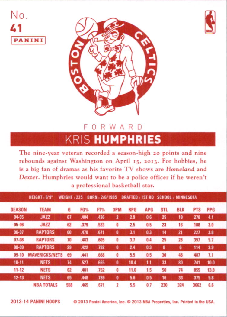 2013-14 Hoops Red Backs #41 Kris Humphries back image
