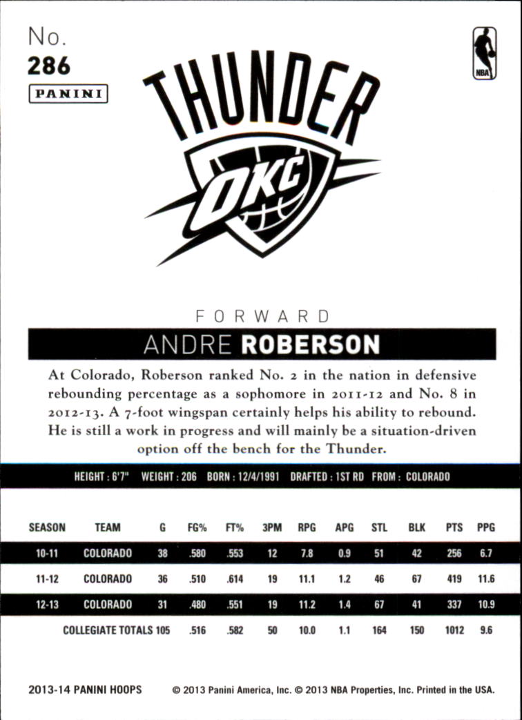 2013-14 Hoops Blue #286 Andre Roberson back image