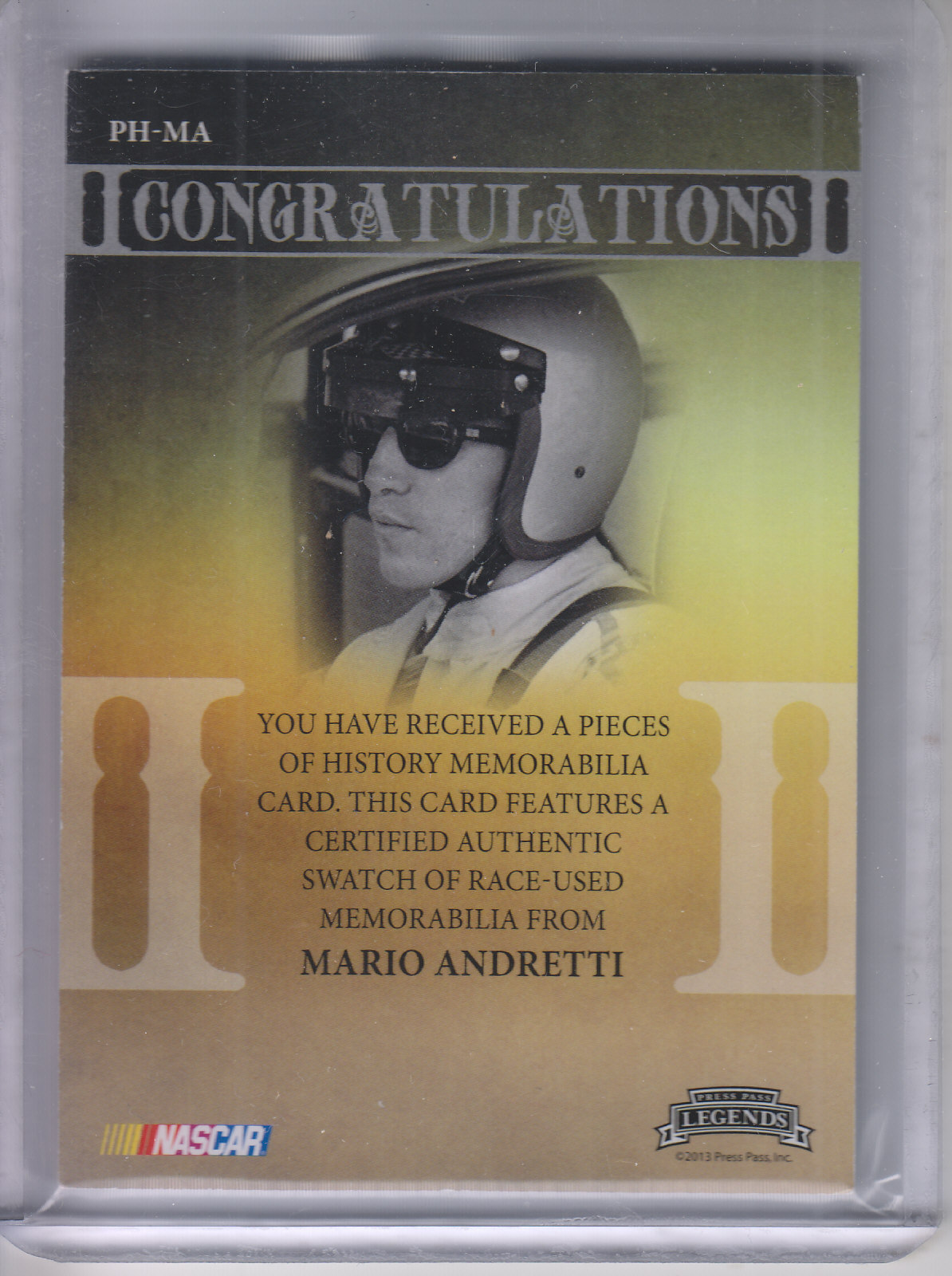 2013 Press Pass Legends Pieces of History Memorabilia Silver #PHMA Mario Andretti back image