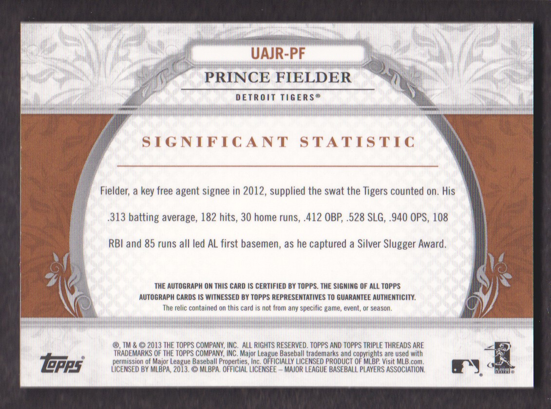 2013 Topps Triple Threads Unity Relic Autographs Sepia #PF Prince Fielder back image