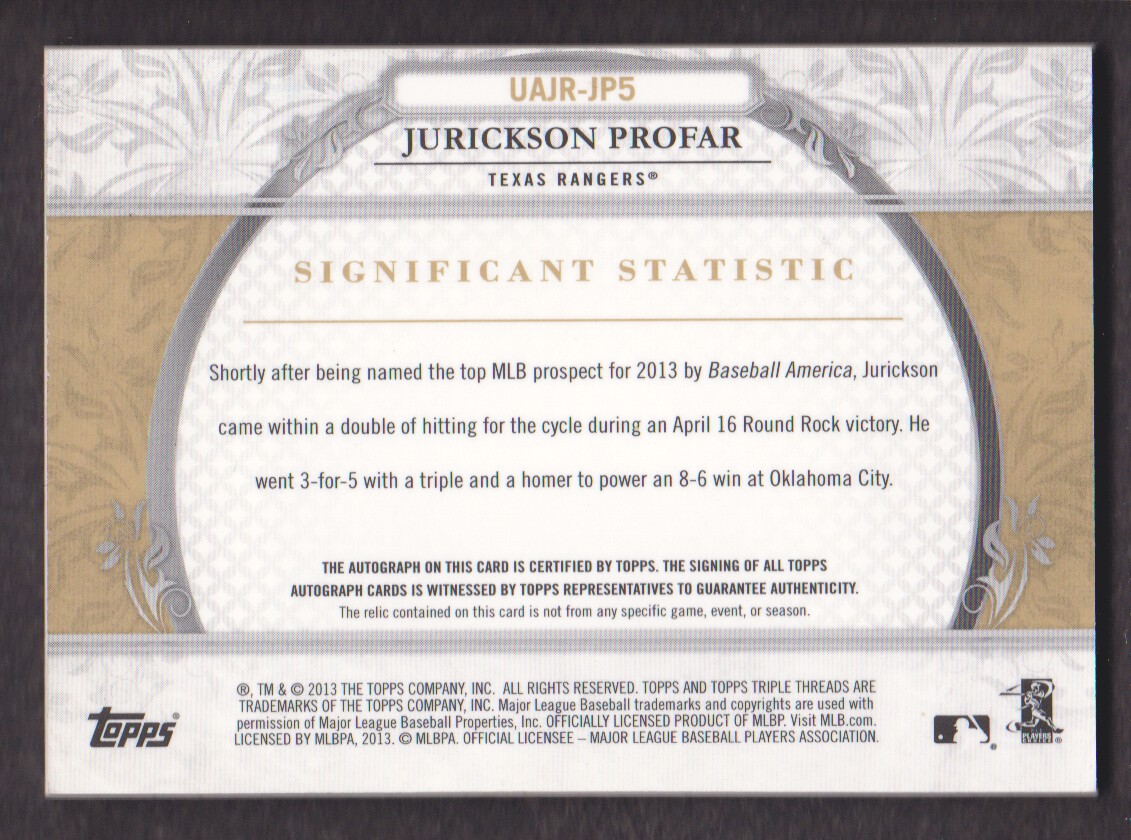 2013 Topps Triple Threads Unity Relic Autographs Gold #JP5 Jurickson Profar back image