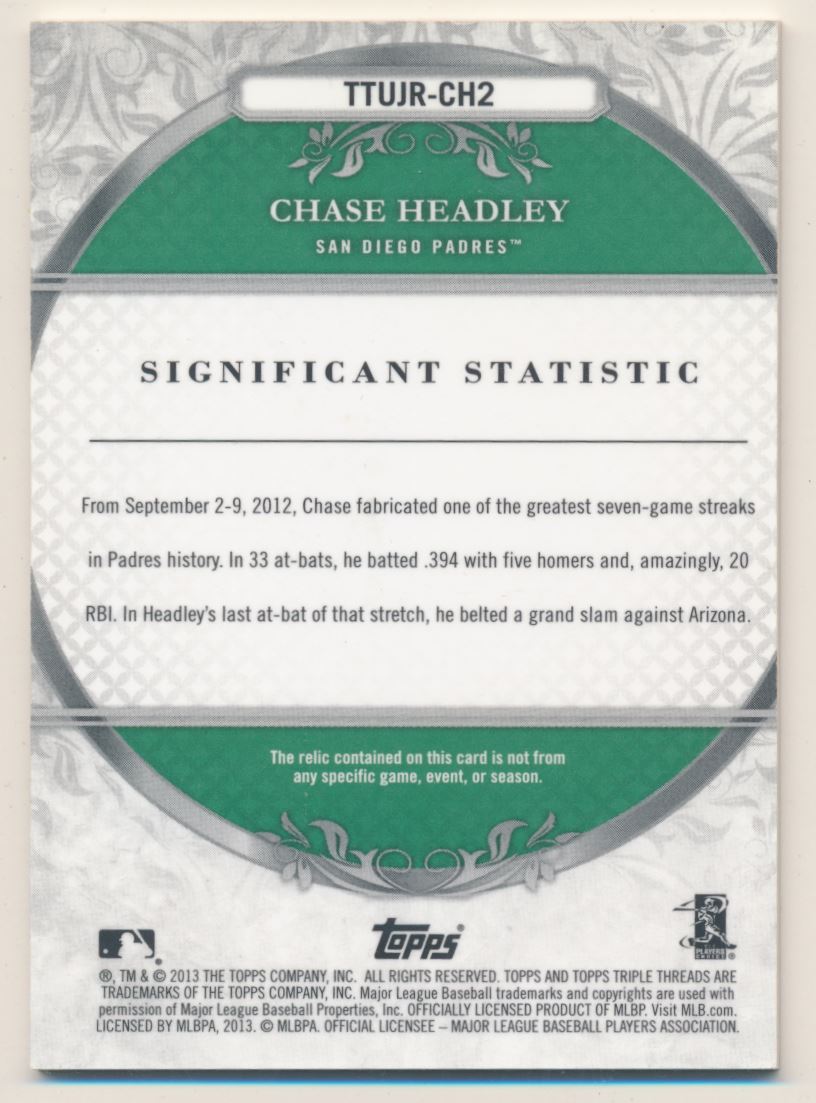 2013 Topps Triple Threads Unity Relics Emerald #CH2 Chase Headley back image