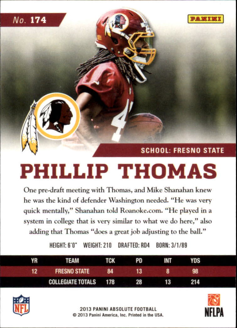 2013 Absolute #174 Phillip Thomas/499 RC back image