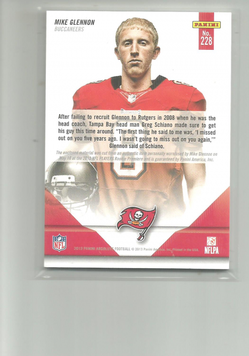 2013 Absolute Rookie Premiere Materials Oversize Jersey Number #228 Mike Glennon back image