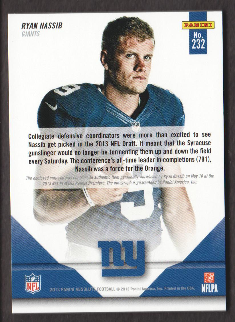 2013 Absolute Rookie Premiere Materials Autographs Oversize Jersey Number #232 Ryan Nassib back image