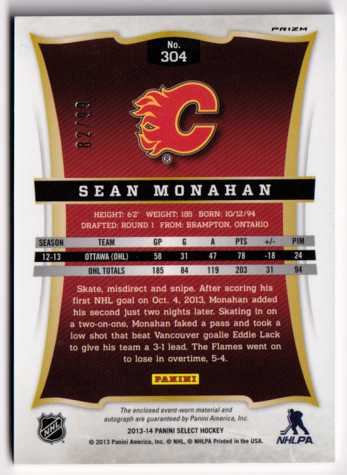 2013-14 Select Rookies Jersey Autographs Prizms #304 Sean Monahan back image