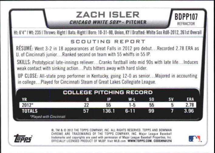 2012 Bowman Chrome Draft Draft Picks Blue Wave Refractors #BDPP107 Zach Isler
