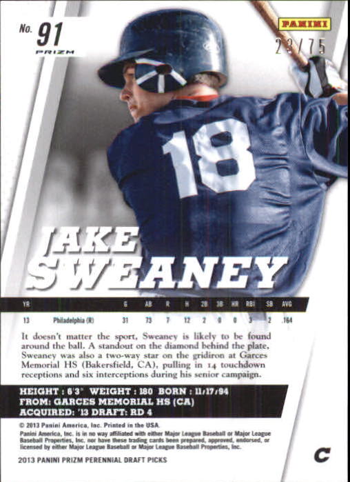 2013 Panini Prizm Perennial Draft Picks Blue Prizms #91 Jake Sweaney back image