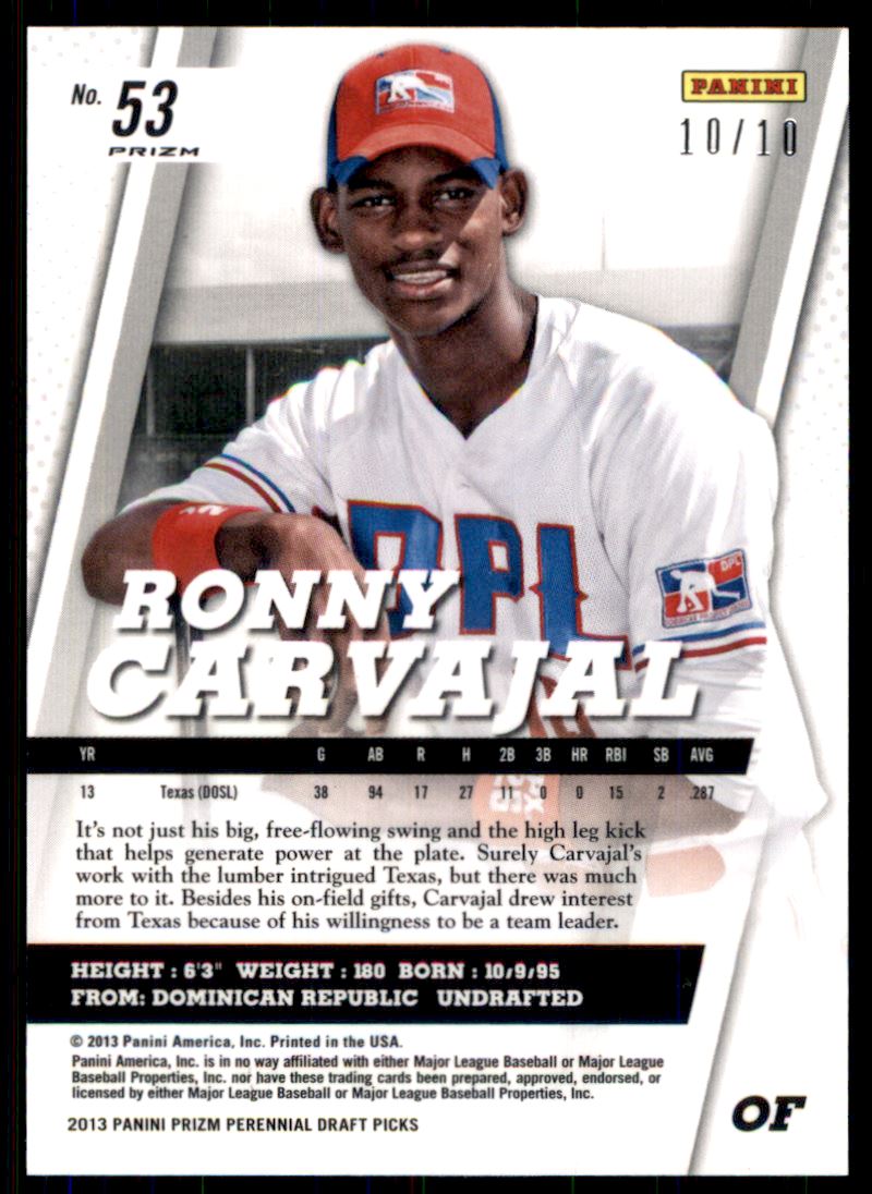 2013 Panini Prizm Perennial Draft Picks Gold Prizms #53 Ronny Carvajal back image