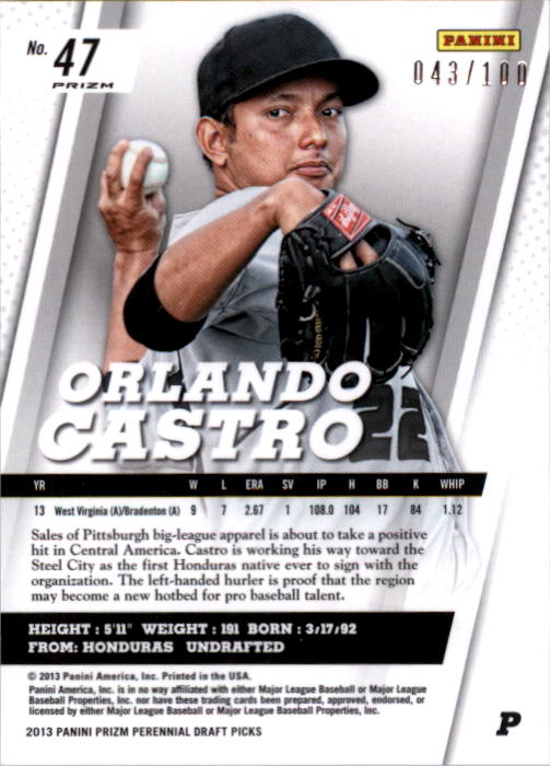 2013 Panini Prizm Perennial Draft Picks Red Prizms #47 Orlando Castro back image