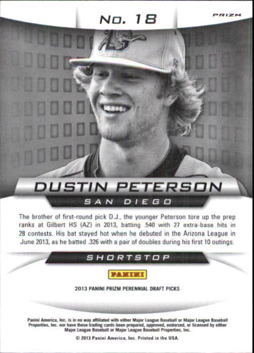 2013 Panini Prizm Perennial Draft Picks Draft Hits Prizms #18 Dustin Peterson back image