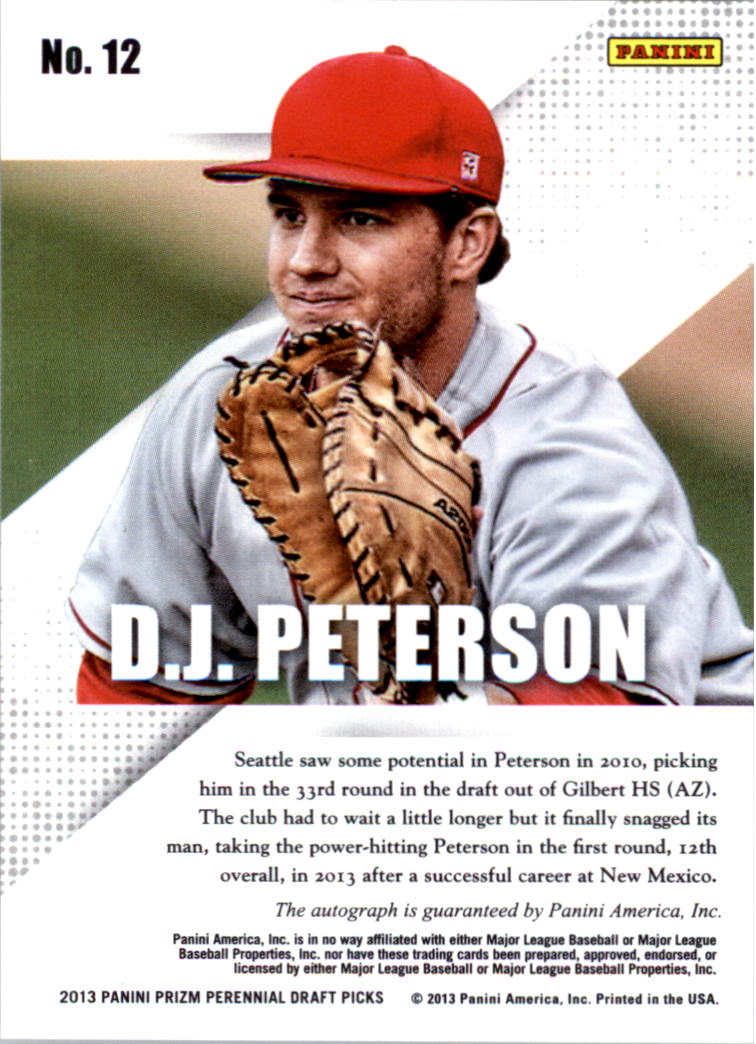 2013 Panini Prizm Perennial Draft Picks Prospect Signatures #12 D.J. Peterson back image