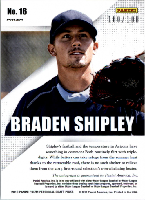 2013 Panini Prizm Perennial Draft Picks Prospect Signatures Red Prizms #16 Braden Shipley back image