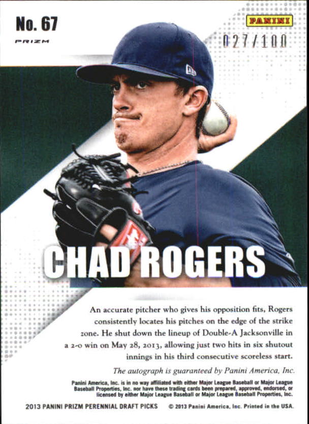 2013 Panini Prizm Perennial Draft Picks Prospect Signatures Red Prizms #67 Chad Rogers back image