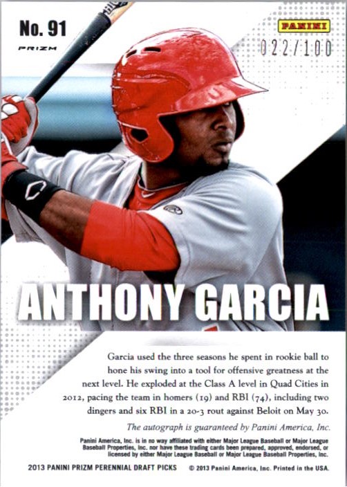 2013 Panini Prizm Perennial Draft Picks Prospect Signatures Red Prizms #91 Anthony Garcia back image