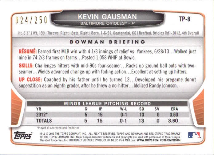 2013 Bowman Draft Top Prospects Orange #TP8 Kevin Gausman back image