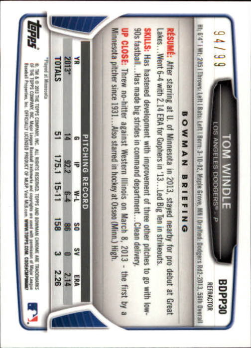 2013 Bowman Chrome Draft Draft Picks Blue Refractors #BDPP30 Tom Windle back image