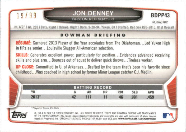 2013 Bowman Chrome Draft Draft Picks Blue Refractors #BDPP43 Jon Denney back image