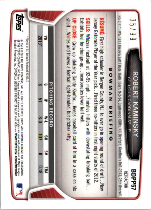 2013 Bowman Chrome Draft Draft Picks Blue Refractors #BDPP57 Robert Kaminsky back image