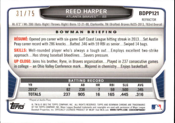 2013 Bowman Chrome Draft Draft Picks Green Refractors #BDPP121 Reed Harper back image