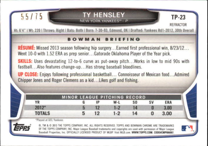 2013 Bowman Chrome Draft Top Prospects Green Refractors #TP23 Ty Hensley back image