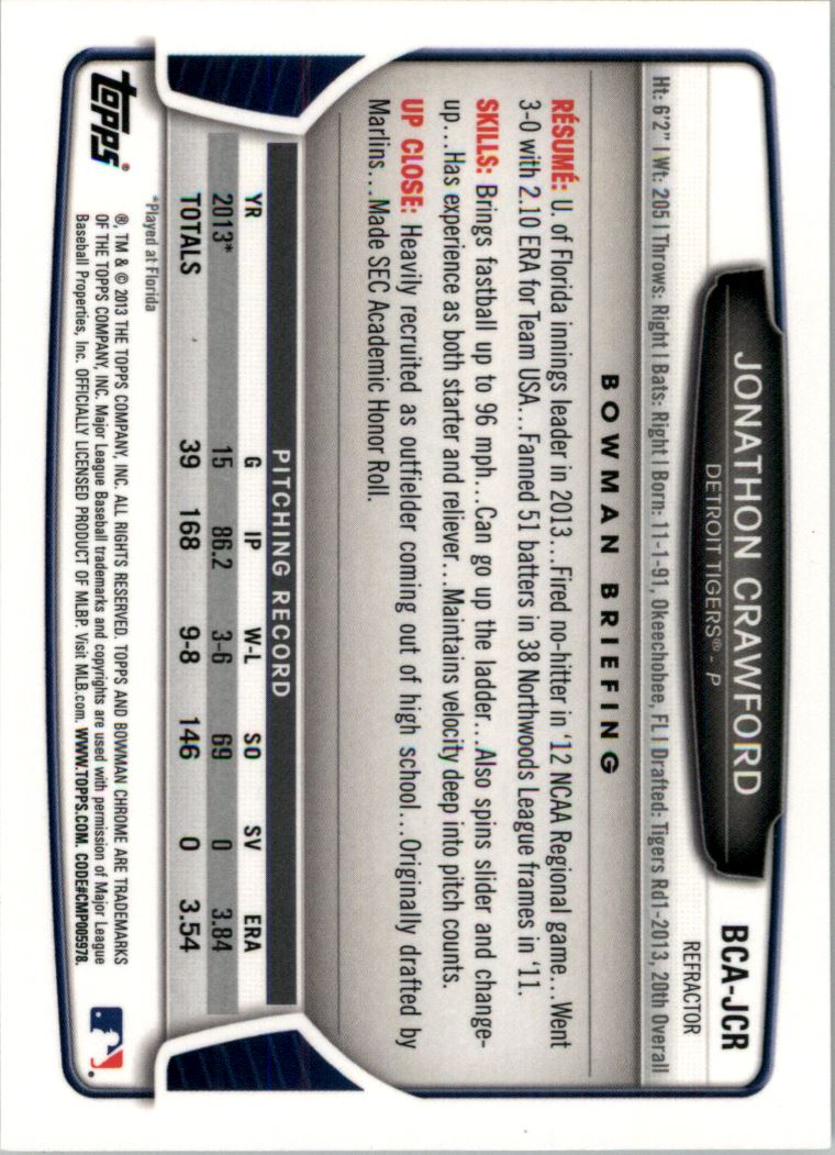 2013 Bowman Chrome Draft Draft Pick Autographs Refractors #JCR Jonathon Crawford