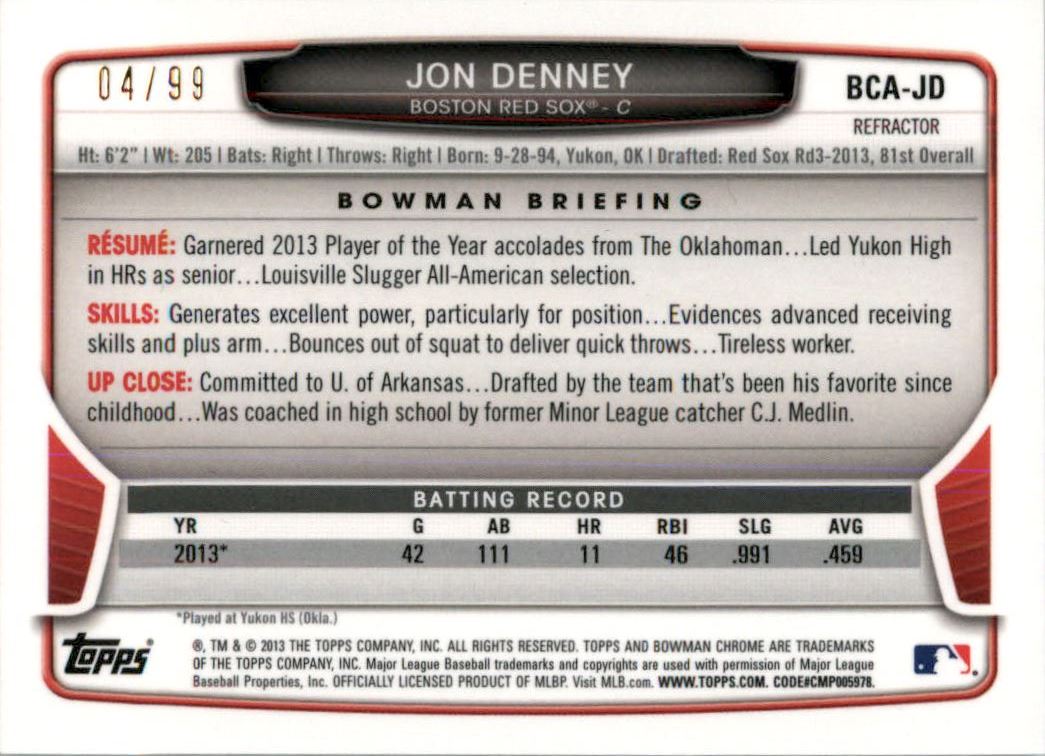 2013 Bowman Chrome Draft Draft Pick Autographs Blue Refractors #JD Jon Denney