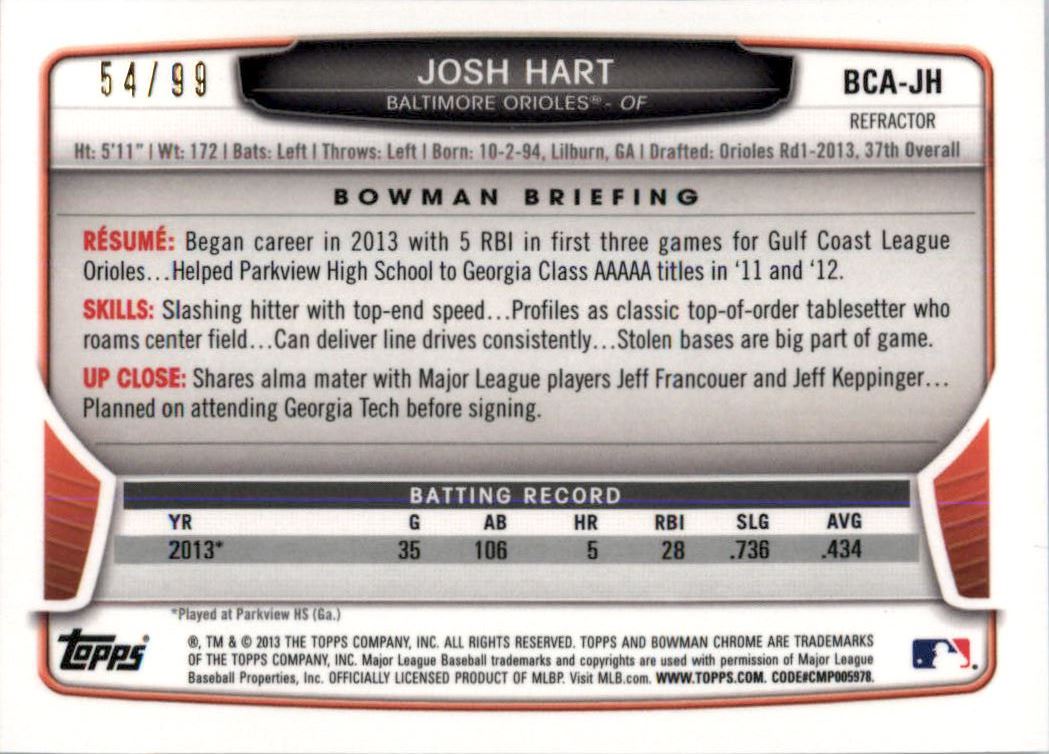 2013 Bowman Chrome Draft Draft Pick Autographs Blue Refractors #JH Josh Hart