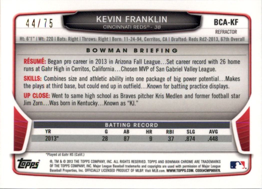 2013 Bowman Chrome Draft Draft Pick Autographs Green Refractors #KF Kevin Franklin