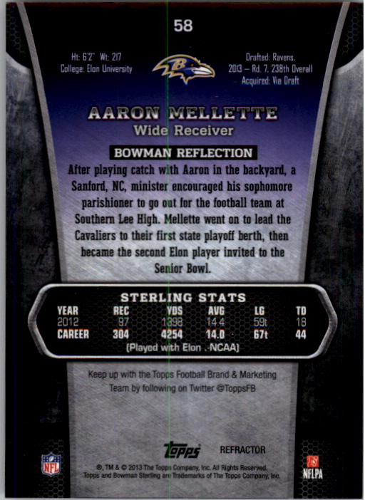 2013 Bowman Sterling Black Refractors #58 Aaron Mellette back image