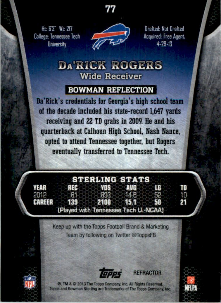 2013 Bowman Sterling Black Refractors #77 Da'Rick Rogers back image